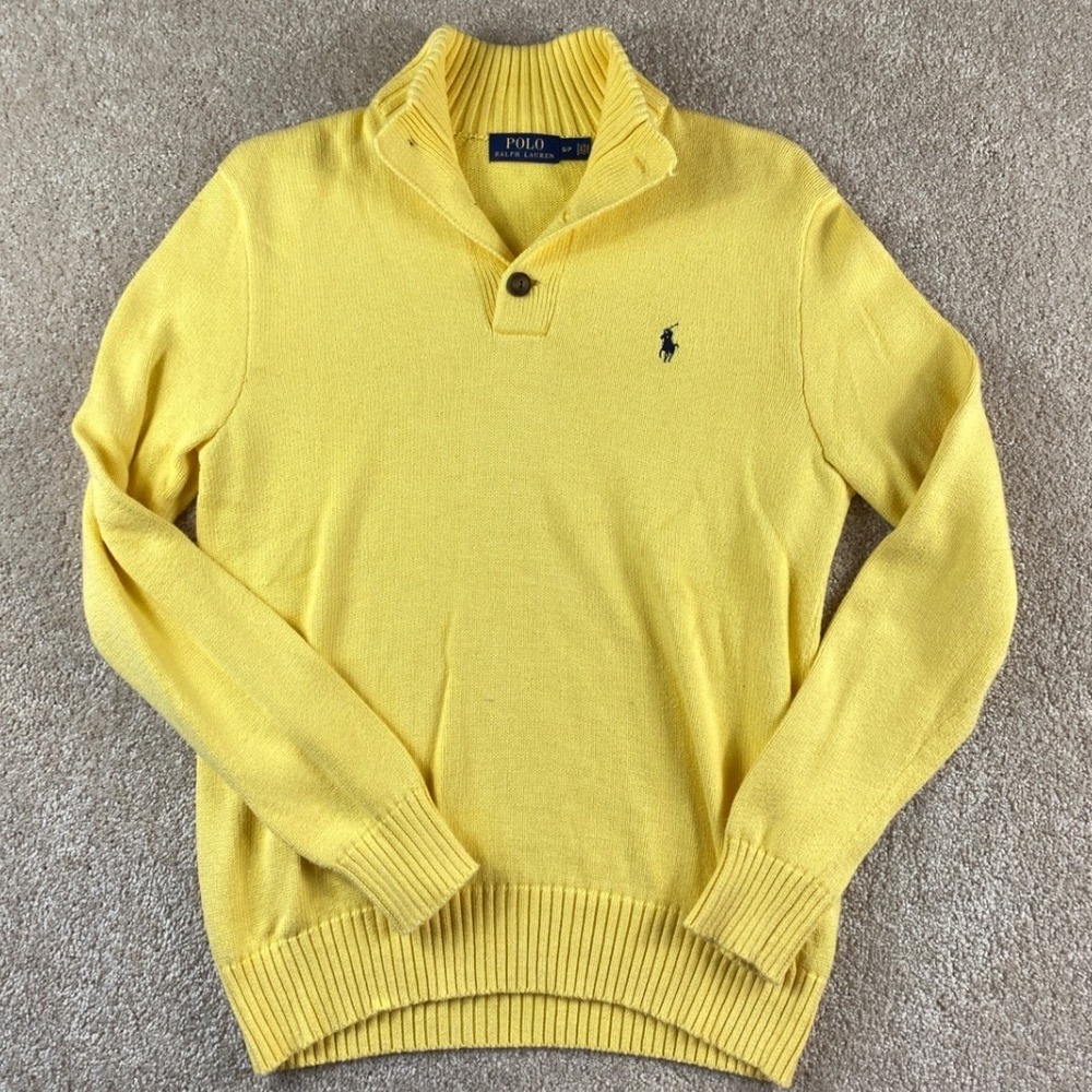 Polo Ralph Lauren Mens Yellow Cotton Knit Button Mock Neck Jumper Sweater - Picture 1 of 8